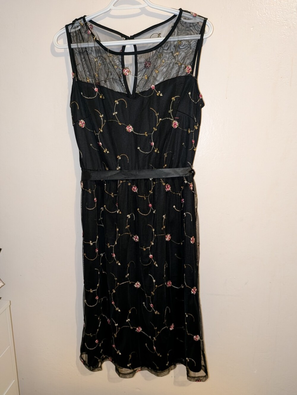 Black Midi Dress with Pink Floral Embroidery and Sheer Yoke